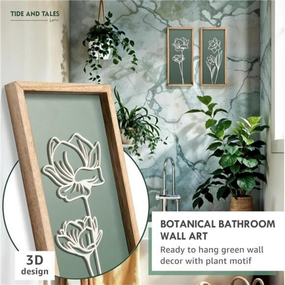 Sage Green 3D Floral Wall Art Set Boho Farmhouse Framed Decor for Bathroom - Picture 2 of 7